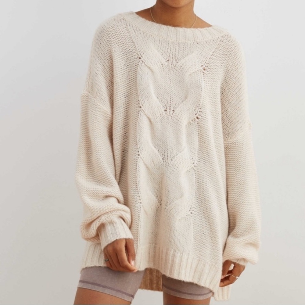 Aerie Happy Place Cable Knit Sweater Pullover Oversized Wool-blend Small